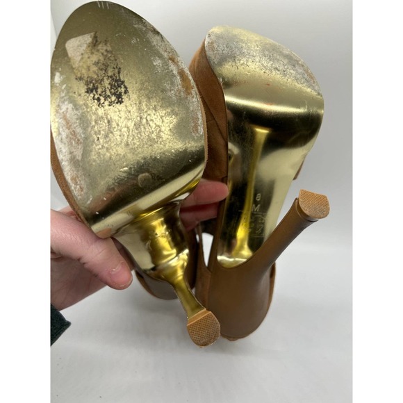 Bebe Size 8M Ultra High Suede Tan Heels with Strappy Design on Foot - Picture 9 of 9